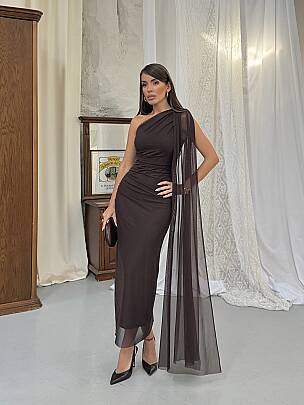 JASMINE Midi Elbise 1442 - Acı Kahve - MAXMOOR