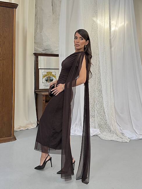 JASMINE Midi Elbise 1442 - Acı Kahve - 3