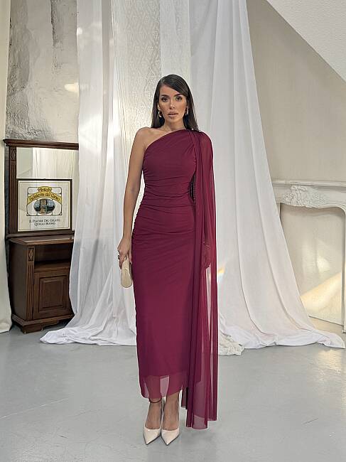 JASMINE Midi Elbise 1442 - Bordo - 4