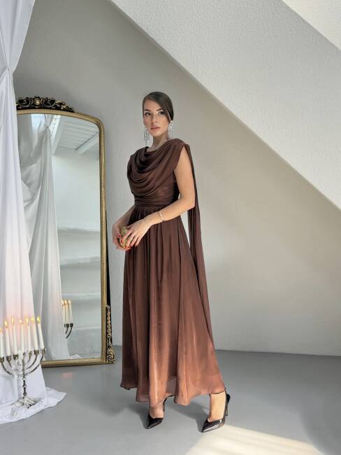 LİNCON Maxi Elbise 3113 - Acı Kahve - 2