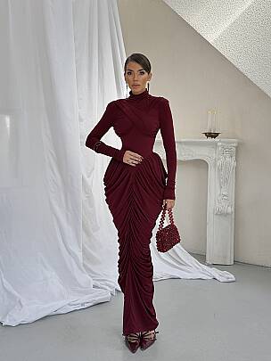 LIORA Maxi Elbise 1450 - Bordo - MAXMOOR