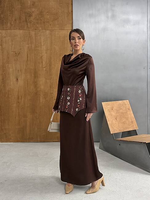 NOUR Korse Detay Maxi Elbise 1266 - Acı Kahve - 4