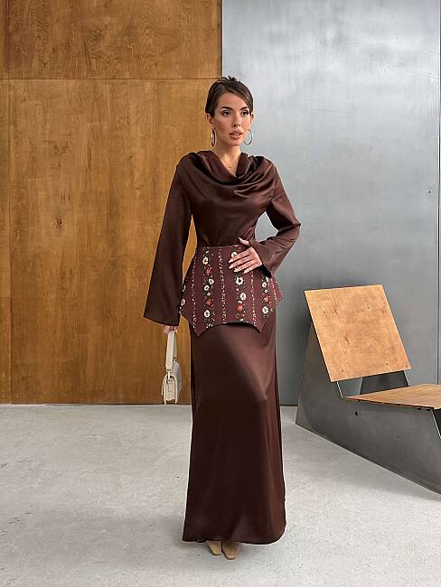NOUR Korse Detay Maxi Elbise 1266 - Acı Kahve - 6