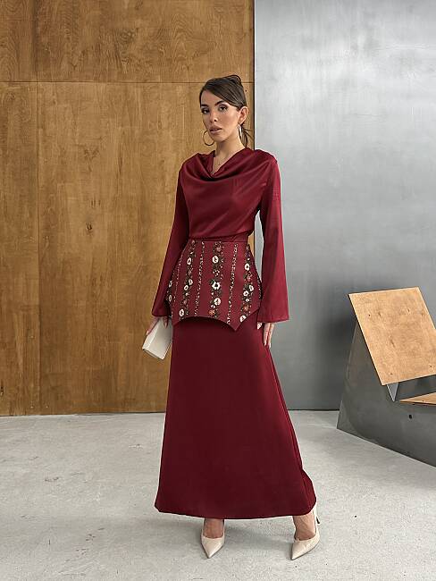 NOUR Korse Detay Maxi Elbise 1266 - Bordo - 1