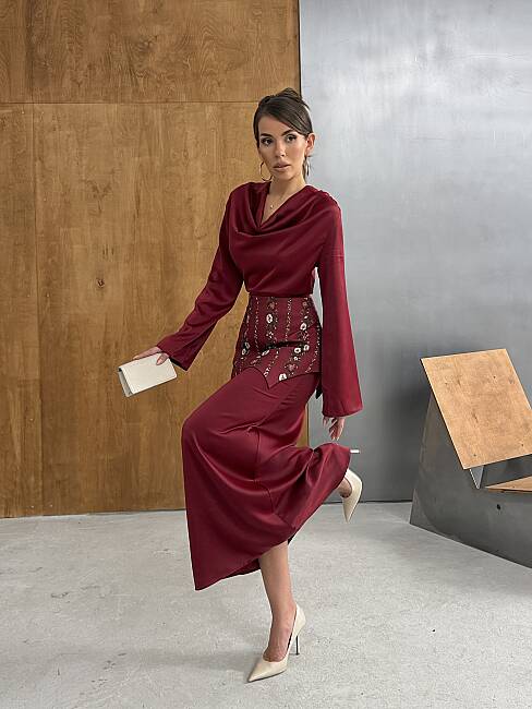 NOUR Korse Detay Maxi Elbise 1266 - Bordo - 2