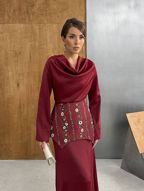 NOUR Korse Detay Maxi Elbise 1266 - Bordo - 3