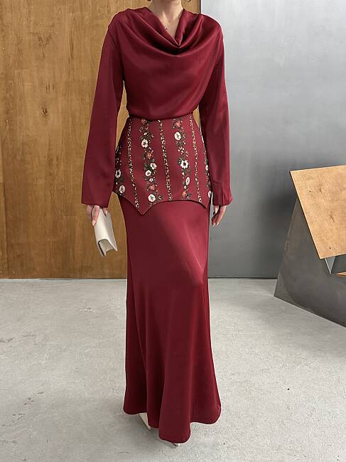 NOUR Korse Detay Maxi Elbise 1266 - Bordo - 4