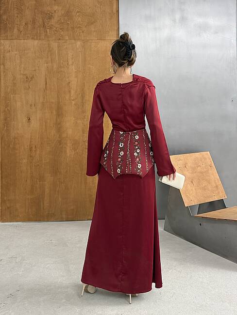 NOUR Korse Detay Maxi Elbise 1266 - Bordo - 5