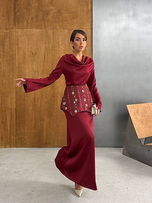 NOUR Korse Detay Maxi Elbise 1266 - Bordo - 6