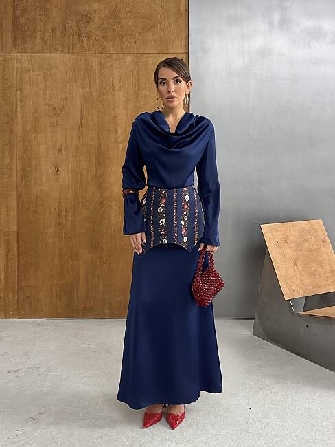 NOUR Korse Detay Maxi Elbise 1266 - Lacivert - 2