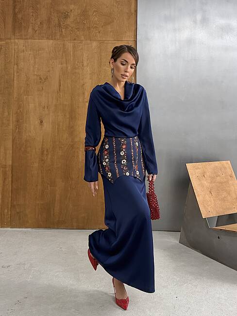 NOUR Korse Detay Maxi Elbise 1266 - Lacivert - 3