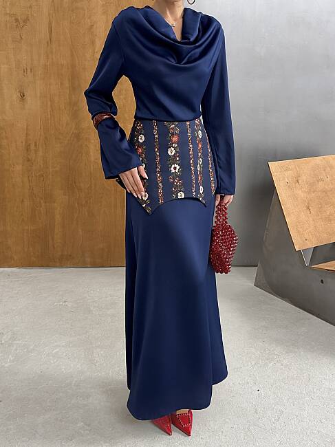 NOUR Korse Detay Maxi Elbise 1266 - Lacivert - 4