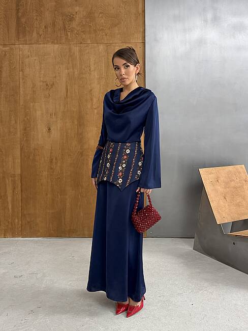 NOUR Korse Detay Maxi Elbise 1266 - Lacivert - 1