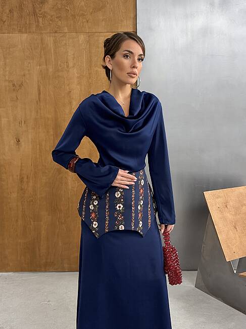 NOUR Korse Detay Maxi Elbise 1266 - Lacivert - 6