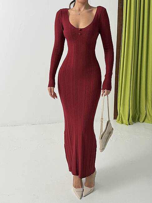 UKUZU Triko Elbise 1819 - Bordo - 6